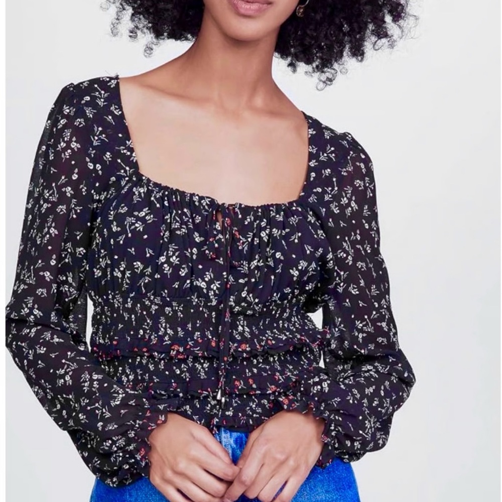 Free People “Lolita” Black Floral Blouse